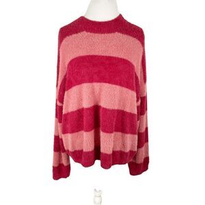 Dear John Caroline Red Pink Striped Sweater Relaxed Fit Fuzzy Yarn Boho Size L